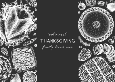 Thanksgiving dinner menu design on chalkboard. With roasted turkey, cooked vegetables, rolled meat, baking cakes and pies sketches. Vintage autumn food frame. Vector Thanksgiving day background.